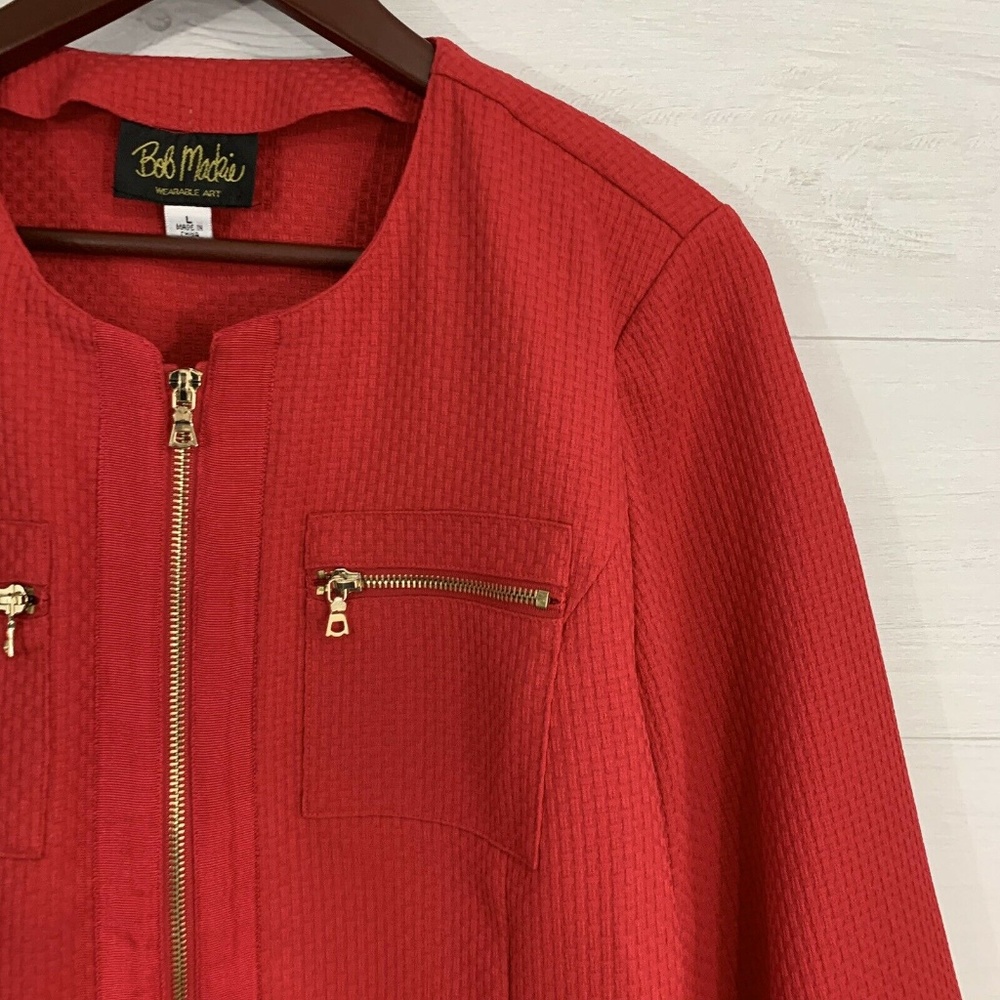Bob Mackie Red Textured Knit Gold Zippy Blazer - Picture 2 of 7